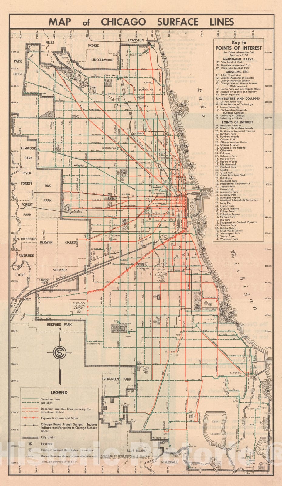 Historic Map : Chicago Transit Maps, Surface Lines 1947 Railroad Catography , Vintage Wall Art