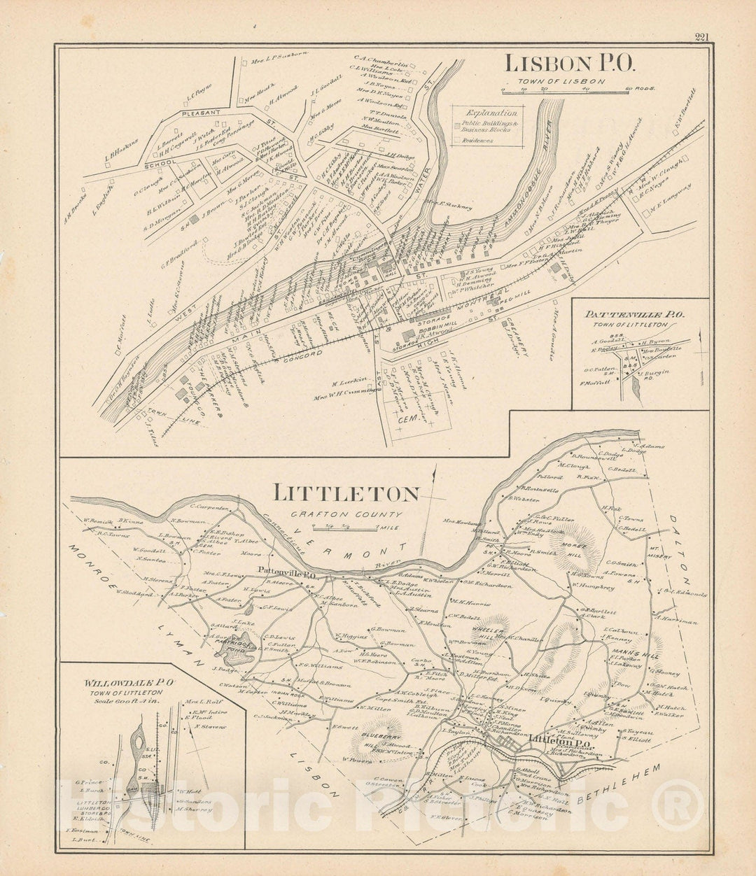 Historic Map : Lisbon & Littleton 1892 , Town and City Atlas State of New Hampshire , Vintage Wall Art