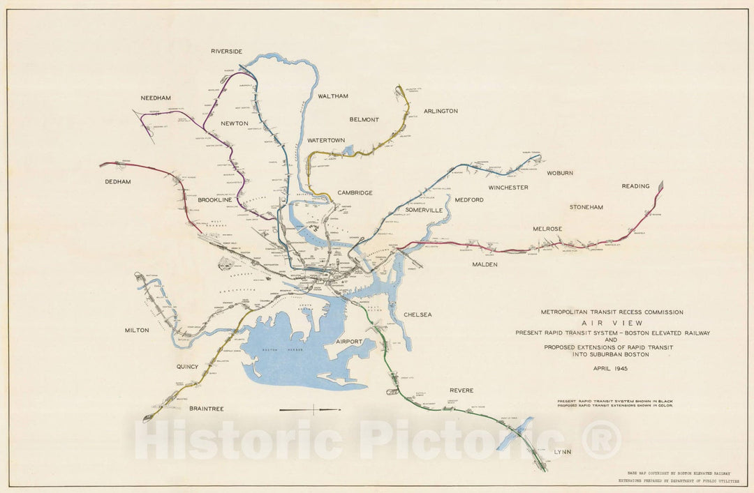 Historic Map : Greater Boston Transit Maps, Boston Rapid Transit System & Proposed Extentions 1945 Railroad Catography , Vintage Wall Art