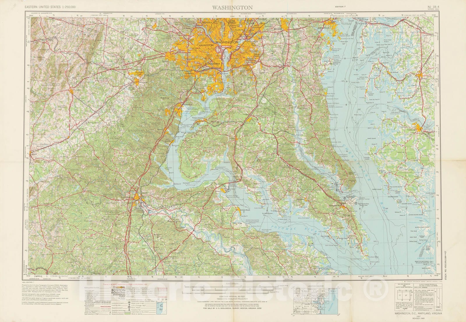 Historic Map : Washington D.C. (Dist. of Columbia), Chesapeake Bay & Fredericksburg & Washington 1969 Topographic Map , Vintage Wall Art