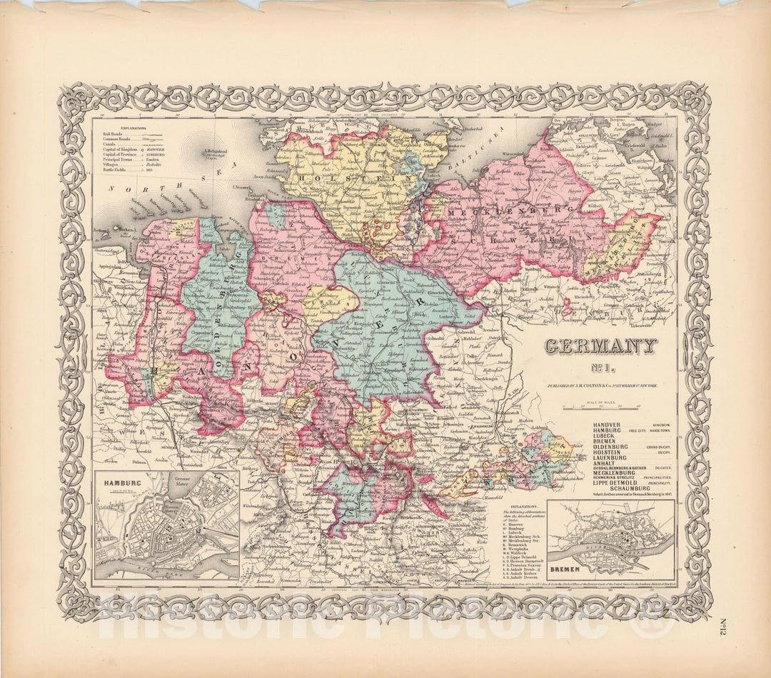 Historic Map : Germany 1856 , Colton's Atlas World , Vintage Wall Art