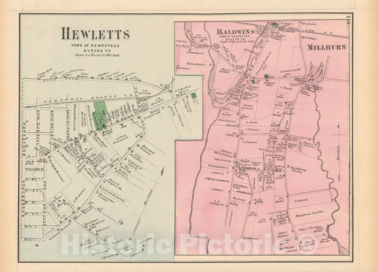 Historic Map : Atlas of Long Island, New York, Hempstead 1873 , Vintage Wall Art