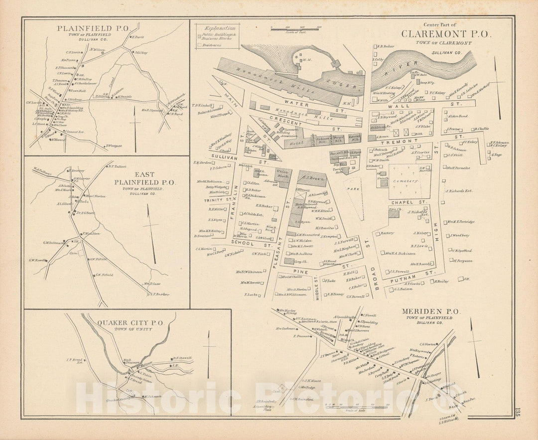 Historic Map : Claremont & Plainfield & Unity 1892 , Town and City Atlas State of New Hampshire , Vintage Wall Art