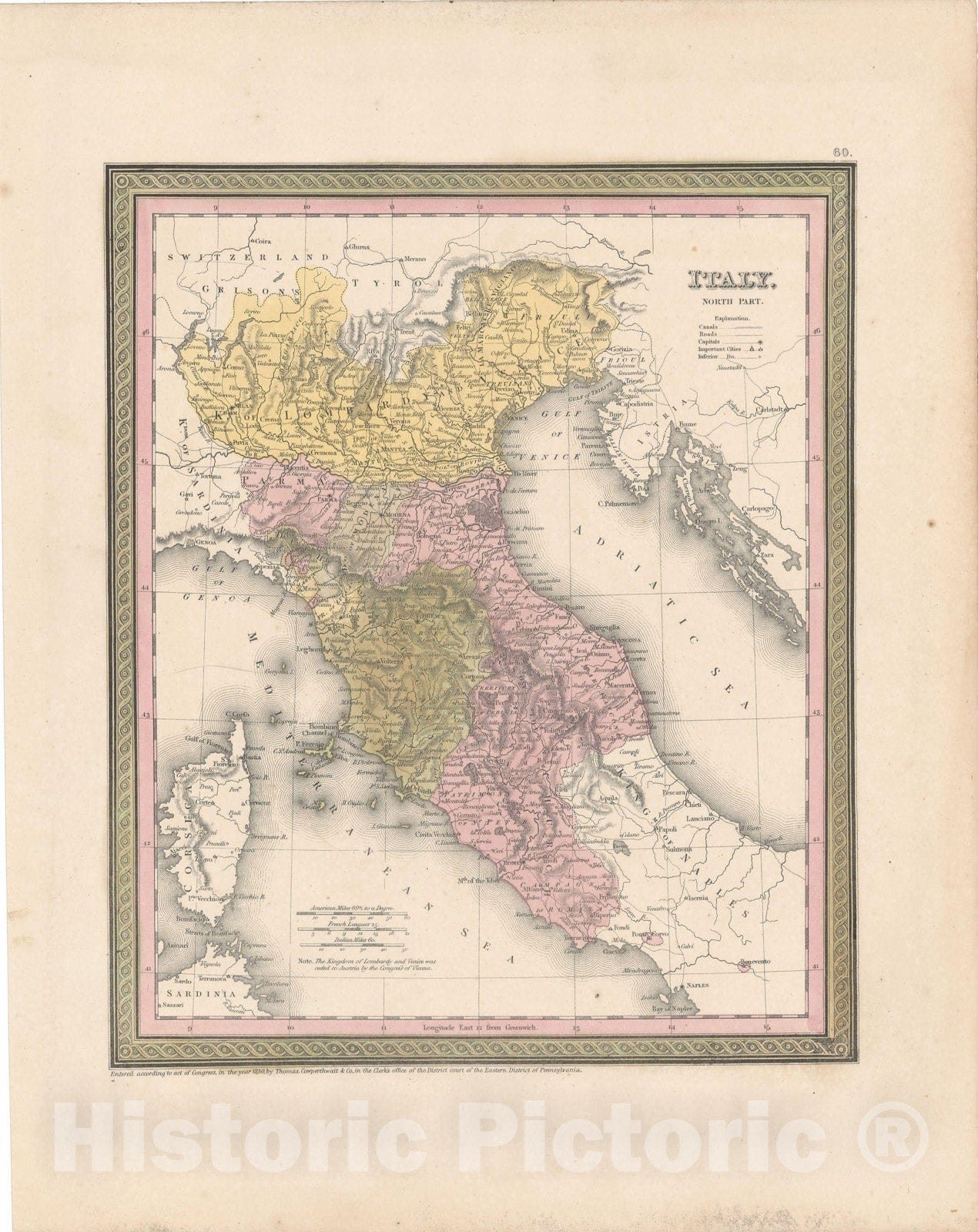 Historic Map : Europe, Italy 1850 , Vintage Wall Art