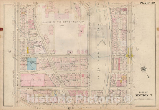 Historic Map : Atlas City of New York, Borough of Manhattan, Volume 4, 110th St to 145th St, Manhattan 1914 Plate 020 , Vintage Wall Art