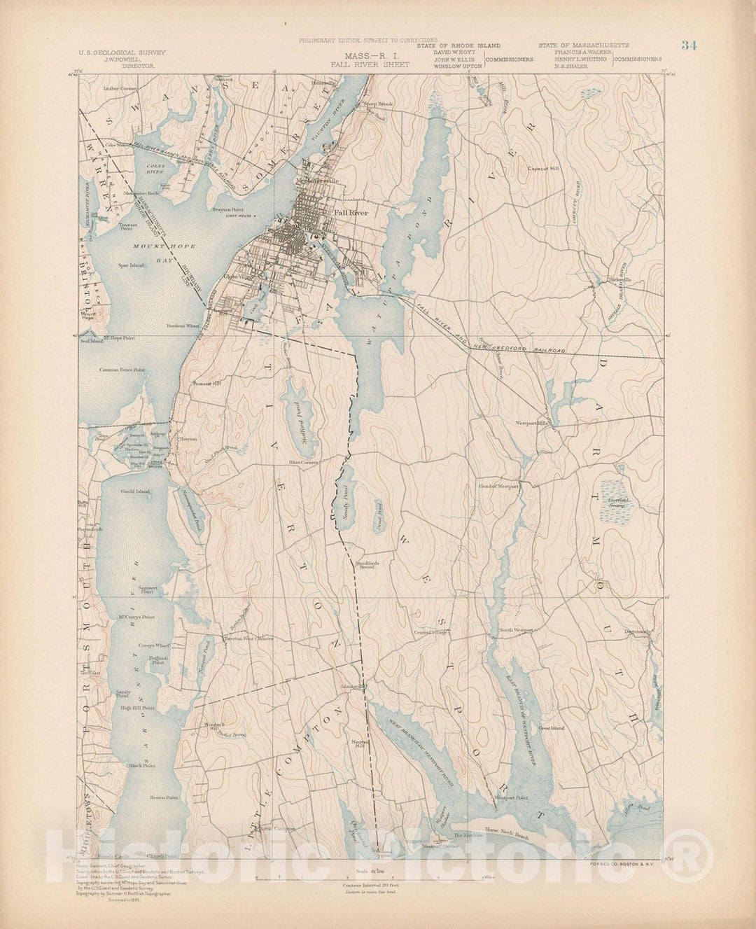 Historic Map : Rhode Island, Dartmouth & Fall River & Westport 1890 Topographic Map , Vintage Wall Art