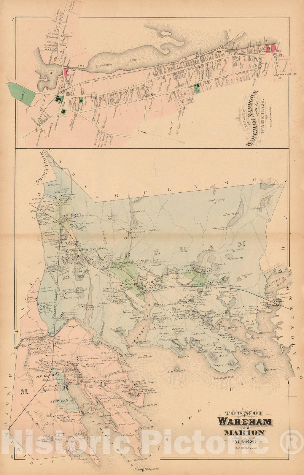 Historic Map : Atlas of Plymouth County Massachusetts, Marion & Wareham 1879 , Vintage Wall Art