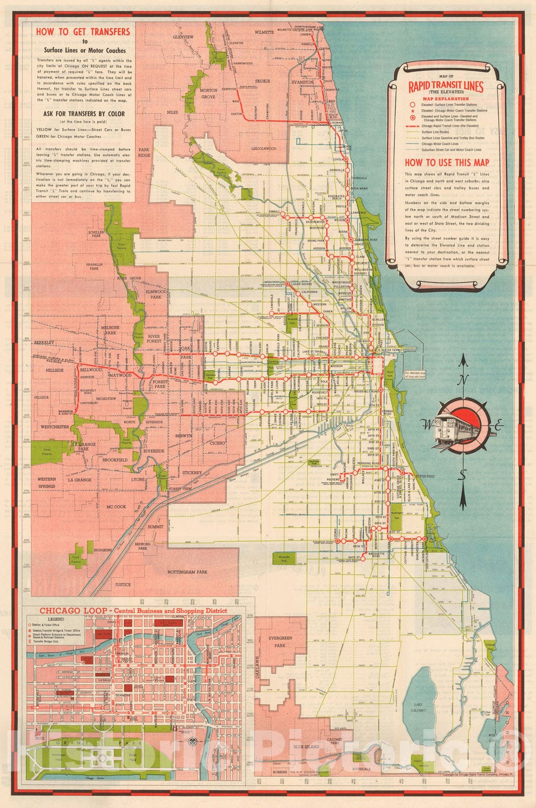 Historic Map : Chicago Transit Maps, Rapid Transit Lines 1941 Railroad Catography , Vintage Wall Art