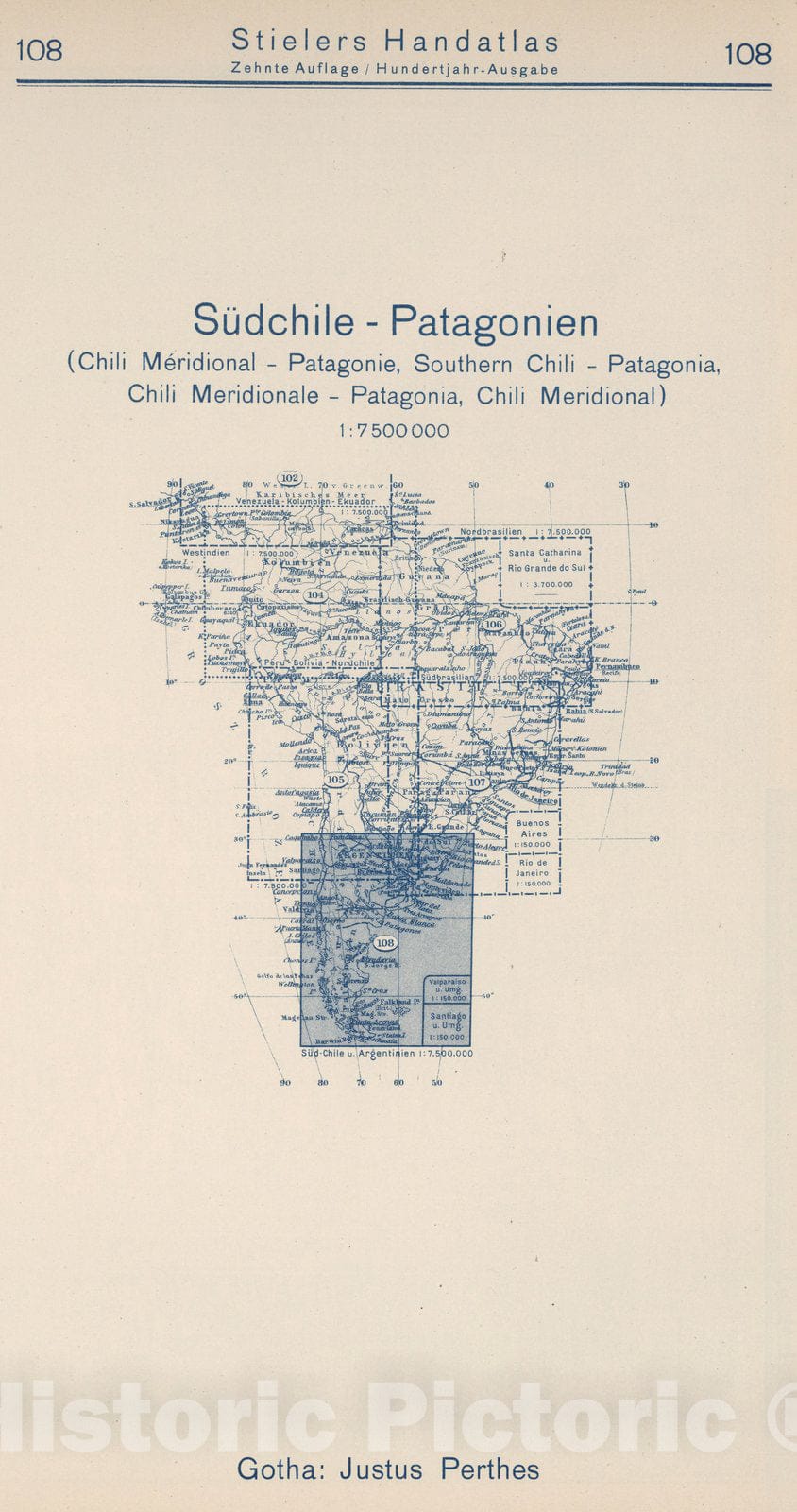 Historic Map : Index Map: 108. Sudchile - Patagonien. Southern Chile - Patagonia, 1925 - Vintage Wall Art