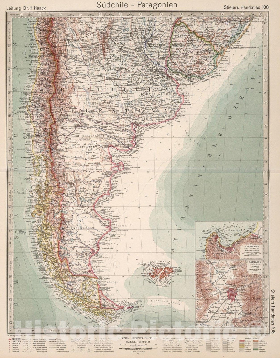 Historic Wall Map : World Atlas Map, 108. Sudchile - Patagonien. Southern Chile - Patagonia. 1925 - Vintage Wall Art