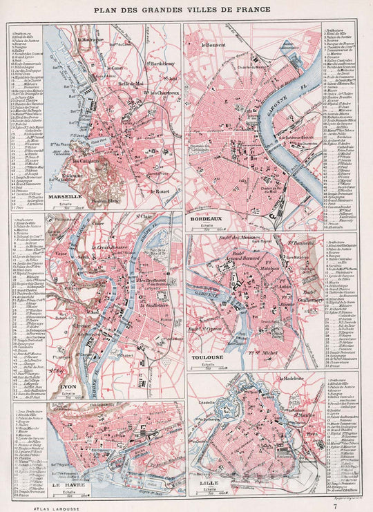 Historic Map : Marseille , France,Plan des Grandes Villes de France (Marseille, Lyon, Le Harve, Bordeaux, Toulouse, Lille). 1900 , Vintage Wall Art