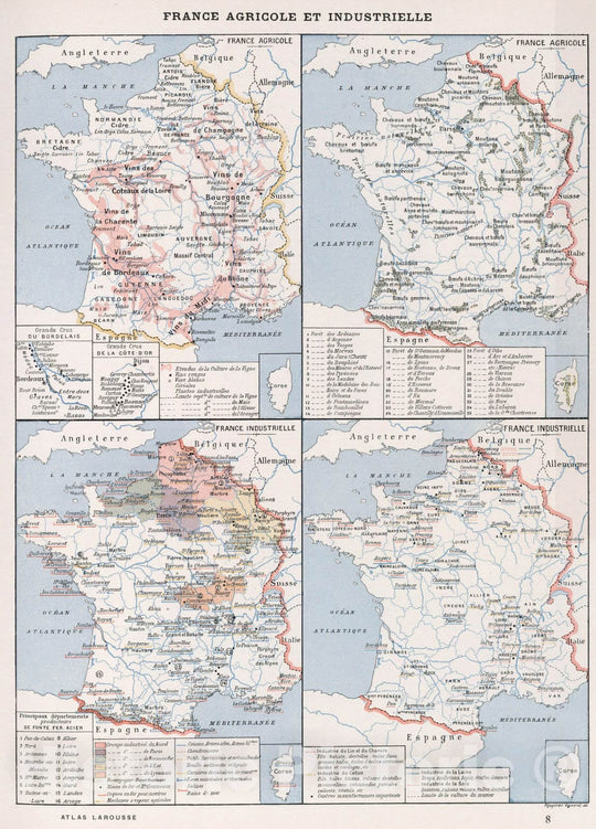 Historic Map : France,France Agricole et Industrielle. 1900 , Vintage Wall Art