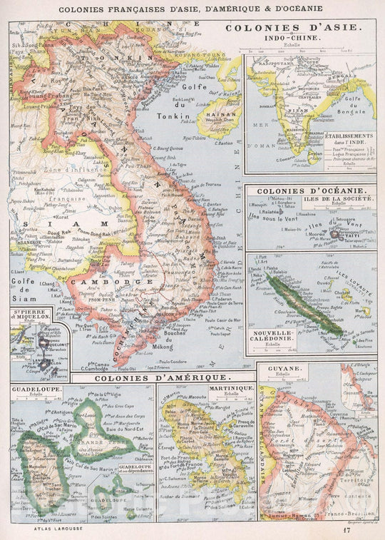 Historic Map - World Atlas Map, Colonies Francaises d'Asie, d'Amerique & d'Oceanie. 1900 - Vintage Wall Art