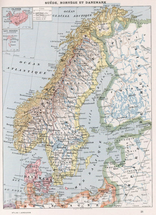 Historic Map : Danmark, ScandinaviaSuede, Norvege et Danemark. 1900 , Vintage Wall Art