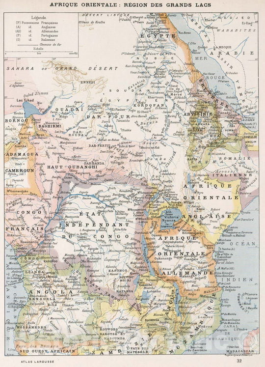 Historic Map : Central AfricaAfrique Orientale: Region des Grands Lags. 1900 , Vintage Wall Art