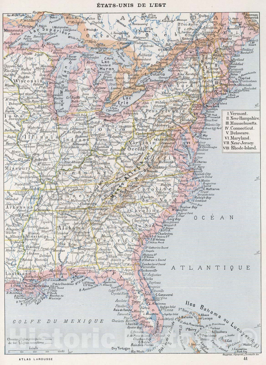 Historic Map : United States,Etats-Unis de l'Est. 1900 , Vintage Wall Art