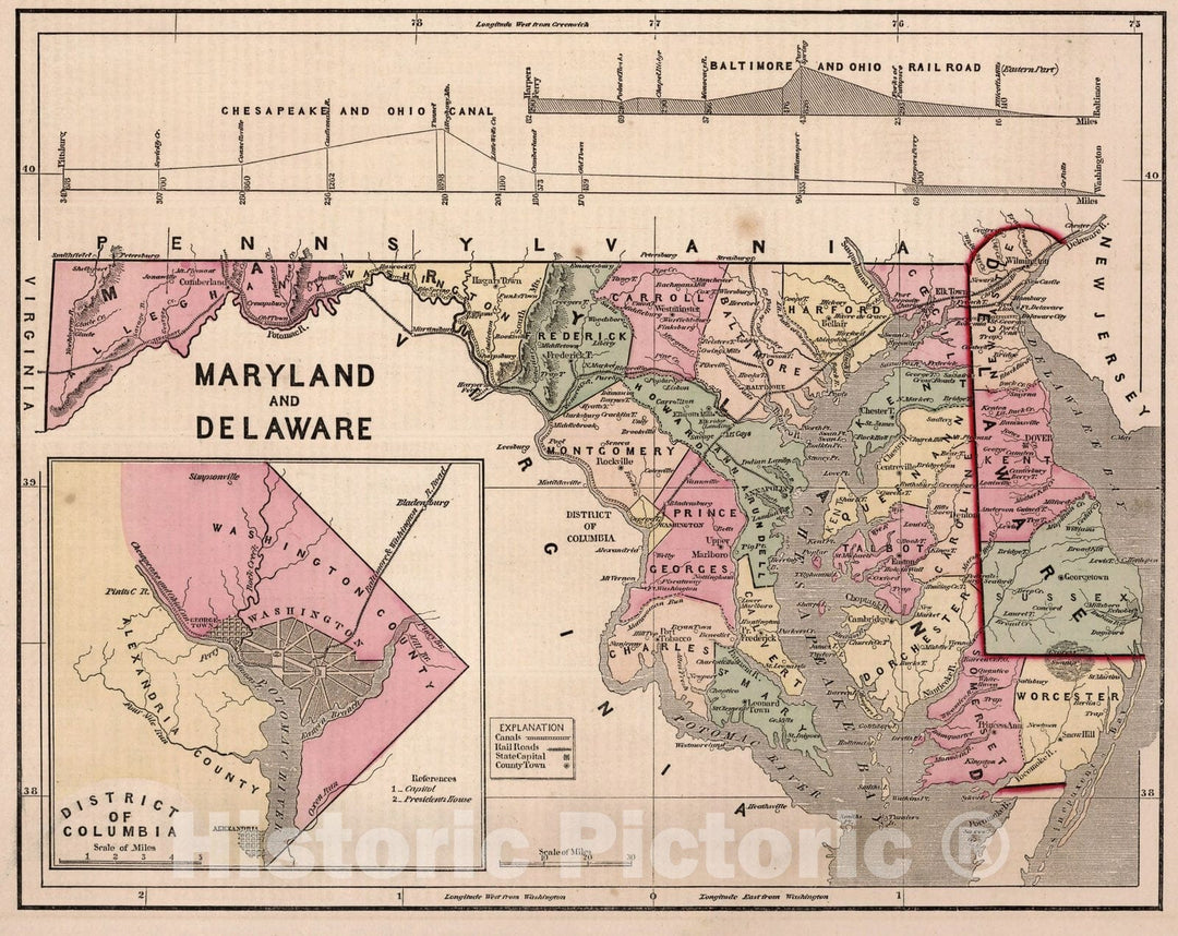 Historic Map : World Atlas Map, Maryland and Delaware. 1856 - Vintage Wall Art