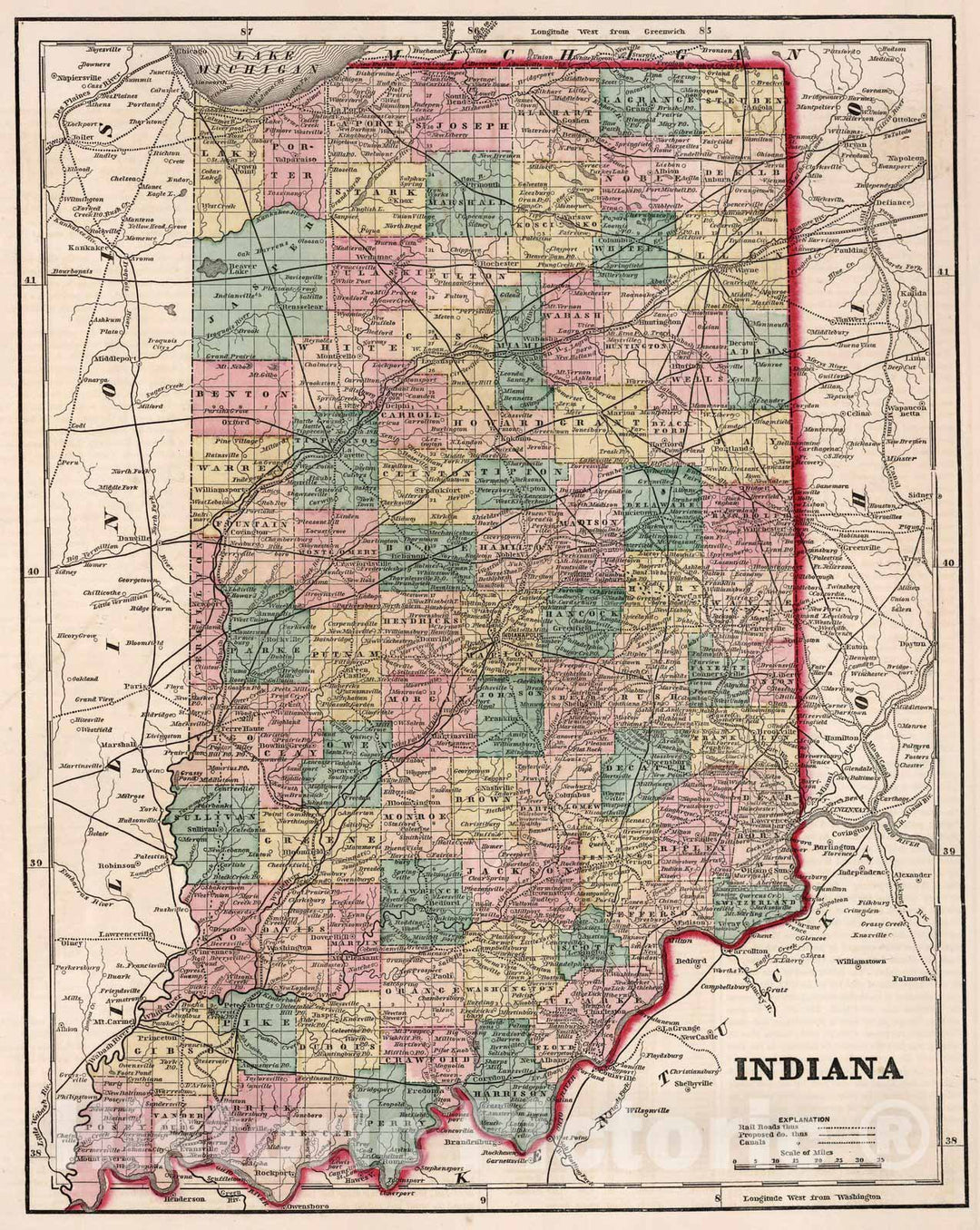 Historic Map : World Atlas Map, Indiana. 1856 - Vintage Wall Art