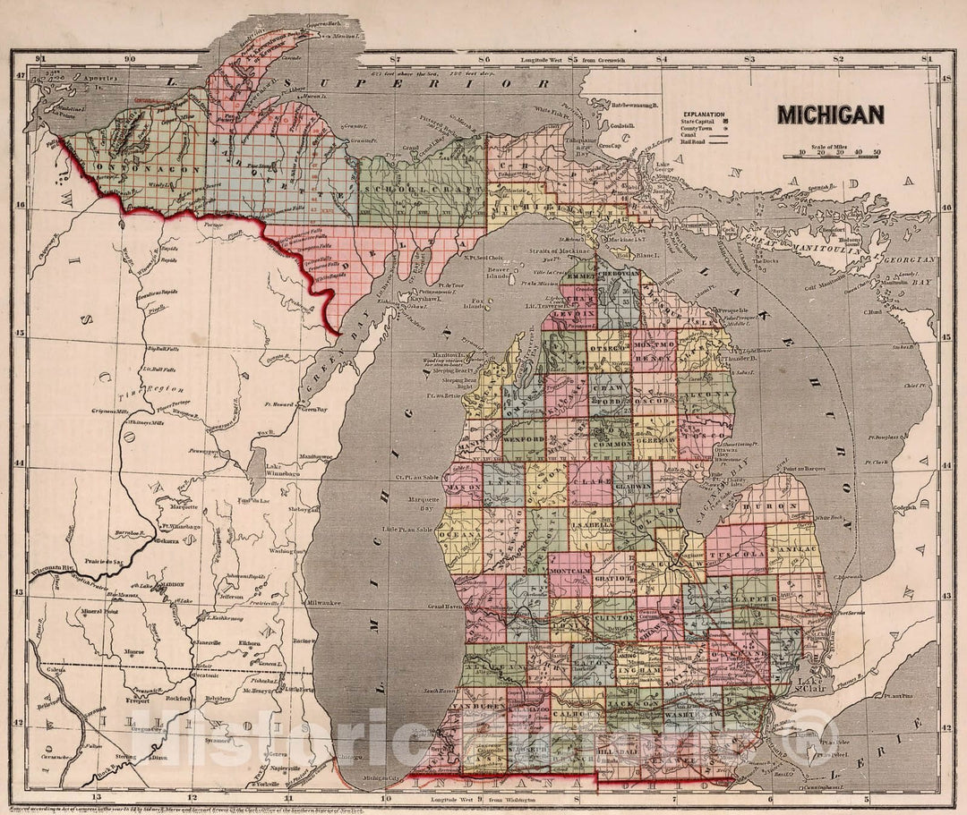 Historic Map : World Atlas Map, Michigan. 1844 - Vintage Wall Art