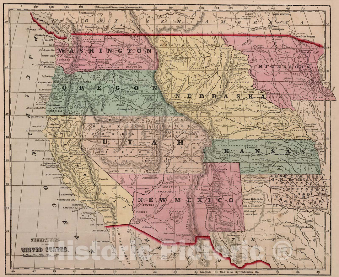 Historic Wall Map : World Atlas Map, Territories of the United States. 1856 - Vintage Wall Art