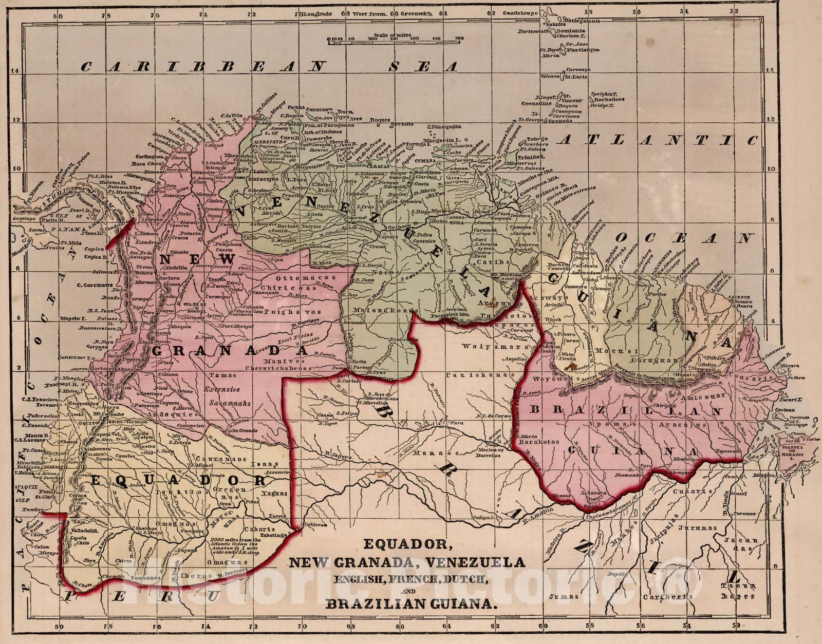 Historic Map : World Atlas Map, Ecuador, New Granada, Venezuela, and Guiana. 1856 - Vintage Wall Art