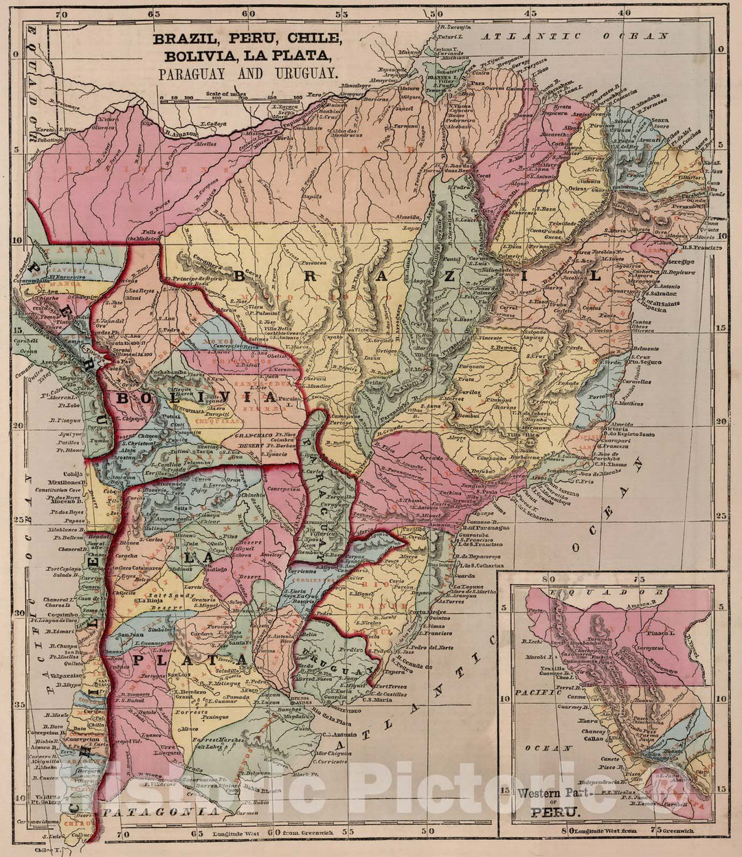 Historic Map : Brazil,Brazil, Peru, Bolivia, Chile, La Plata, Paraguay, and Uruguay. 1856 , Vintage Wall Art