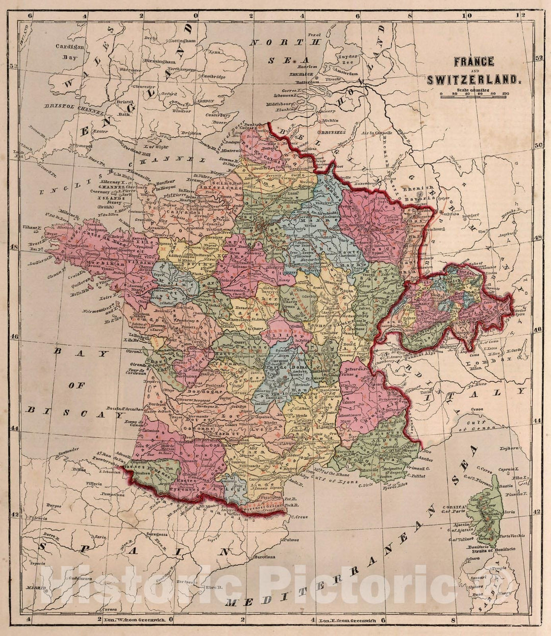 Historic Map : World Atlas Map, France and Switzerland. 1856 - Vintage Wall Art