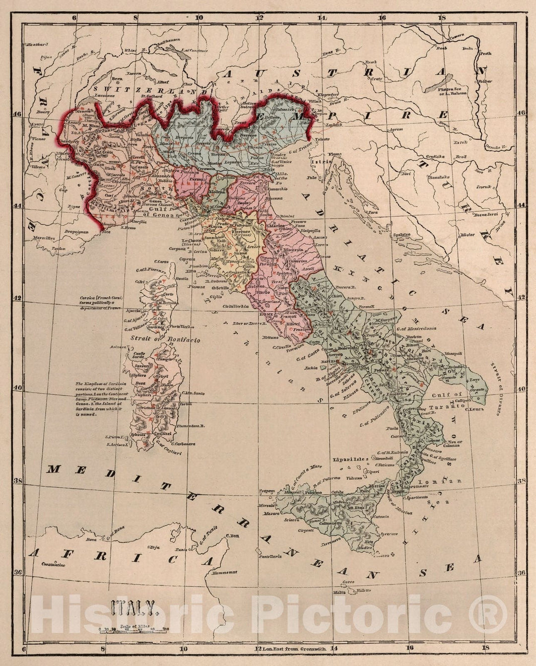 Historic Map : World Atlas Map, Italy. 1856 - Vintage Wall Art