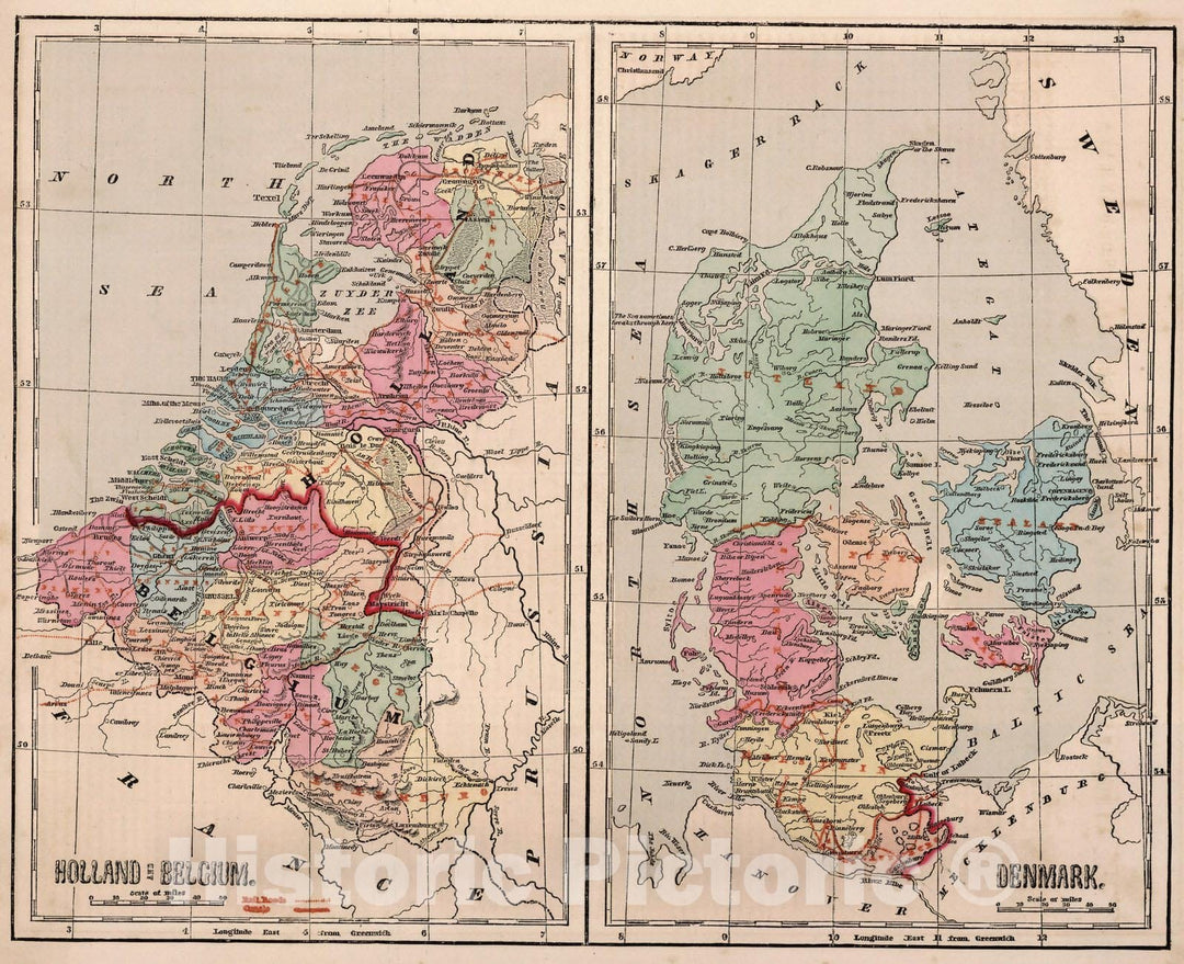 Historic Map : World Atlas Map, Holland and Belgium. Denmark. 1856 - Vintage Wall Art