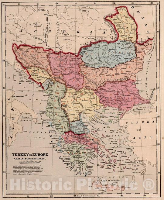 Historic Map : World Atlas Map, Turkey in Europe, Greece, and the Ionian Isles. 1856 - Vintage Wall Art