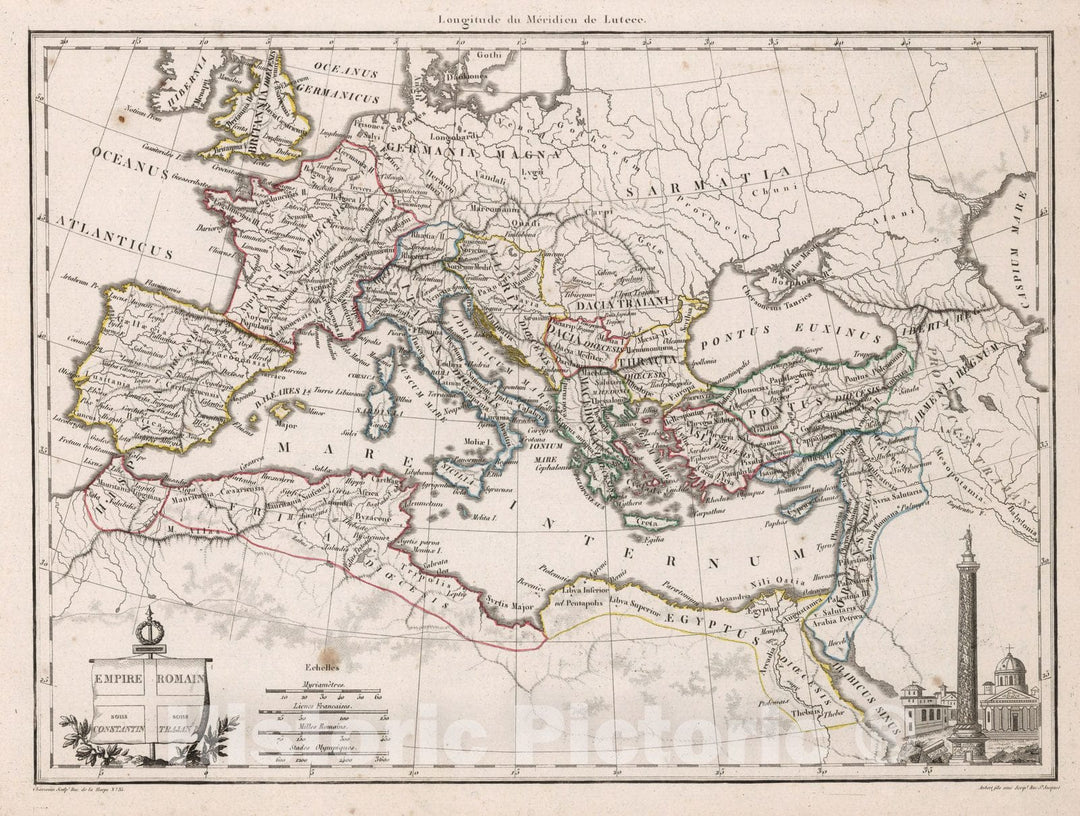 Historic Map : Mediterranean, Europe Atlas Map, Empire Romain sous Constantin sous Trajan. 1812, , Vintage Wall Art