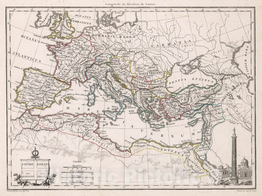 Historic Map : Mediterranean, Europe Atlas Map, Empire Romain sous Constantin sous Trajan. 1812, , Vintage Wall Art