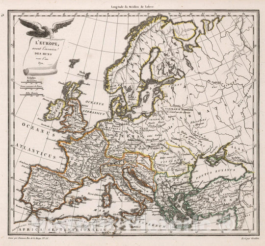 Historic Map : World Atlas Map, L'Europe avant l'invasion des Huns vers l'an 370. 1812 - Vintage Wall Art