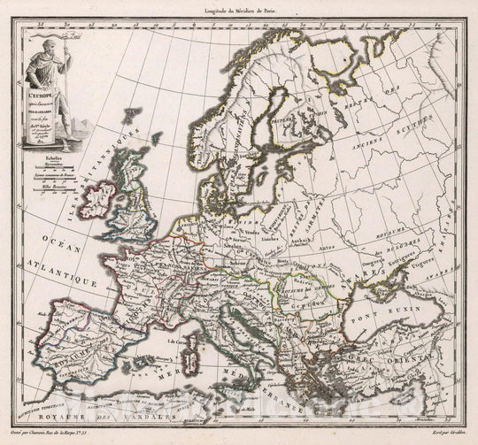 Historic Map : World Atlas Map, L'Europe apres l'invasion des Barbares, vers la fin du Ve. Siecle et pendant une partie du Veme. 1811. 1811 - Vintage Wall Art