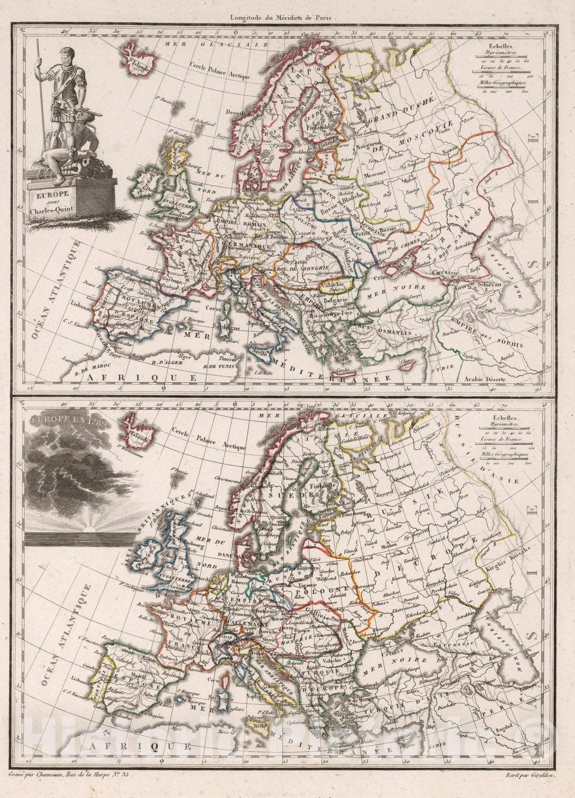 Historic Map : World Atlas Map, Europe sous Charles-Quint. Europe en 1789. 1812 - Vintage Wall Art