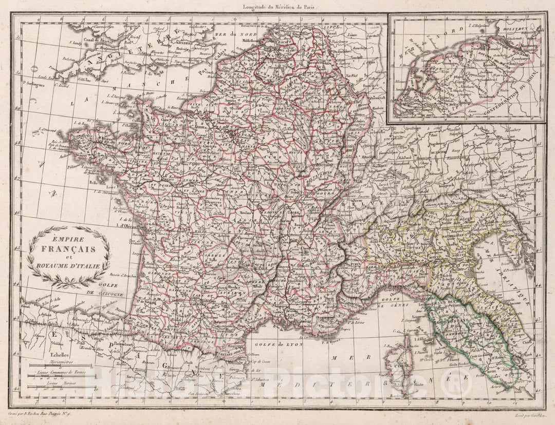 Historic Map : France,Empire Francais et Royaume d'Italie. 1812 , Vintage Wall Art