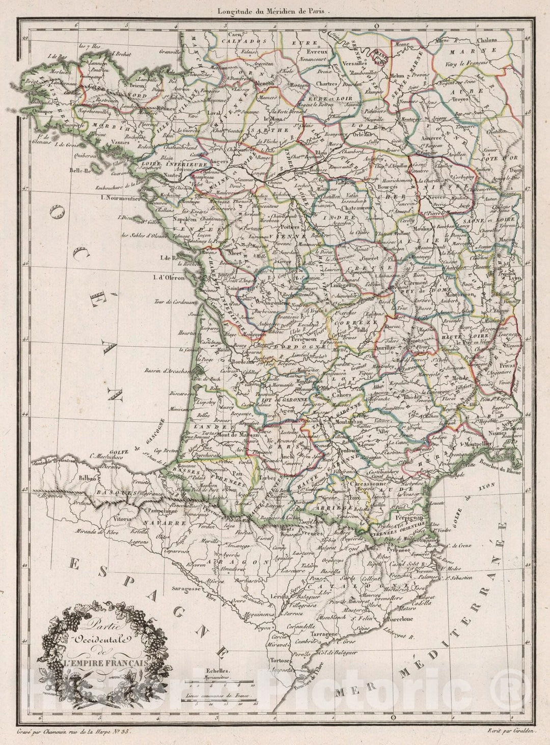 Historic Map : France,Partie Occidentale de l'Empire Francais. 1812 , Vintage Wall Art