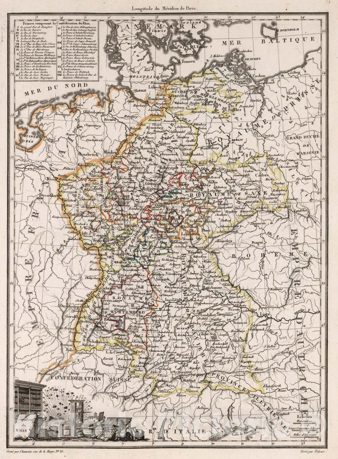 Historic Map : Germany,Confederat de Rhin. 1812 , Vintage Wall Art