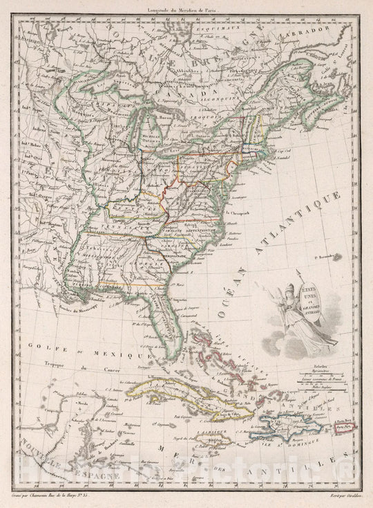 Historic Map : United States,Etats Unis et Grandes Antilles. 1812 , Vintage Wall Art