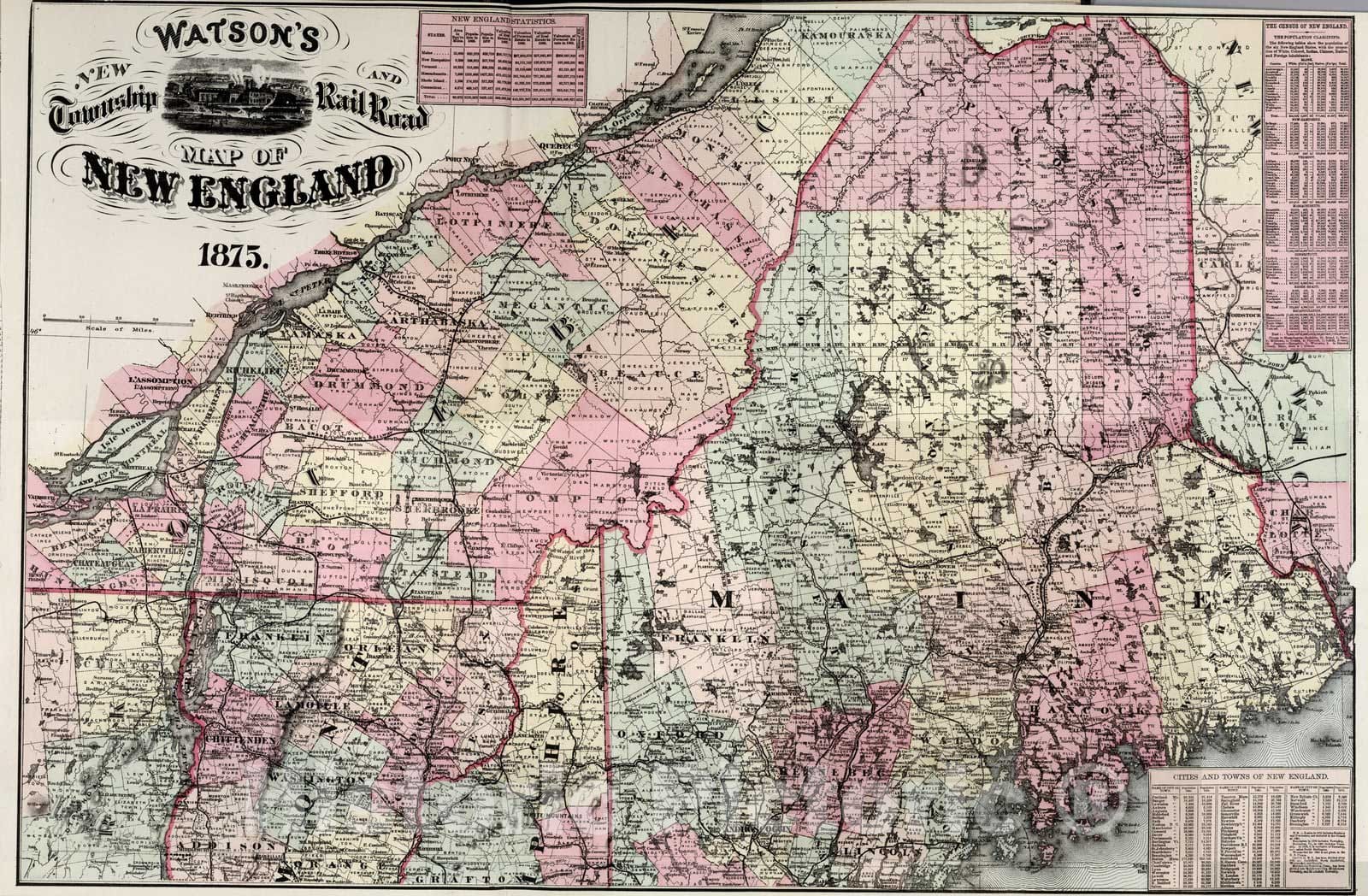 Historic Map : Watson's New Township and Railroad Map of New England, 1875 - Vintage Wall Art