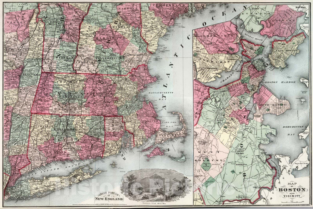 Historic Map : Lower Portion of New England. Map of Boston and Vicinity, 1874 - Vintage Wall Art