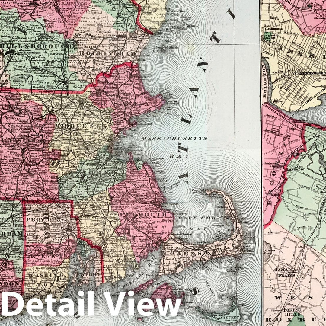 Historic Map : Lower Portion of New England. Map of Boston and Vicinity, 1874 - Vintage Wall Art