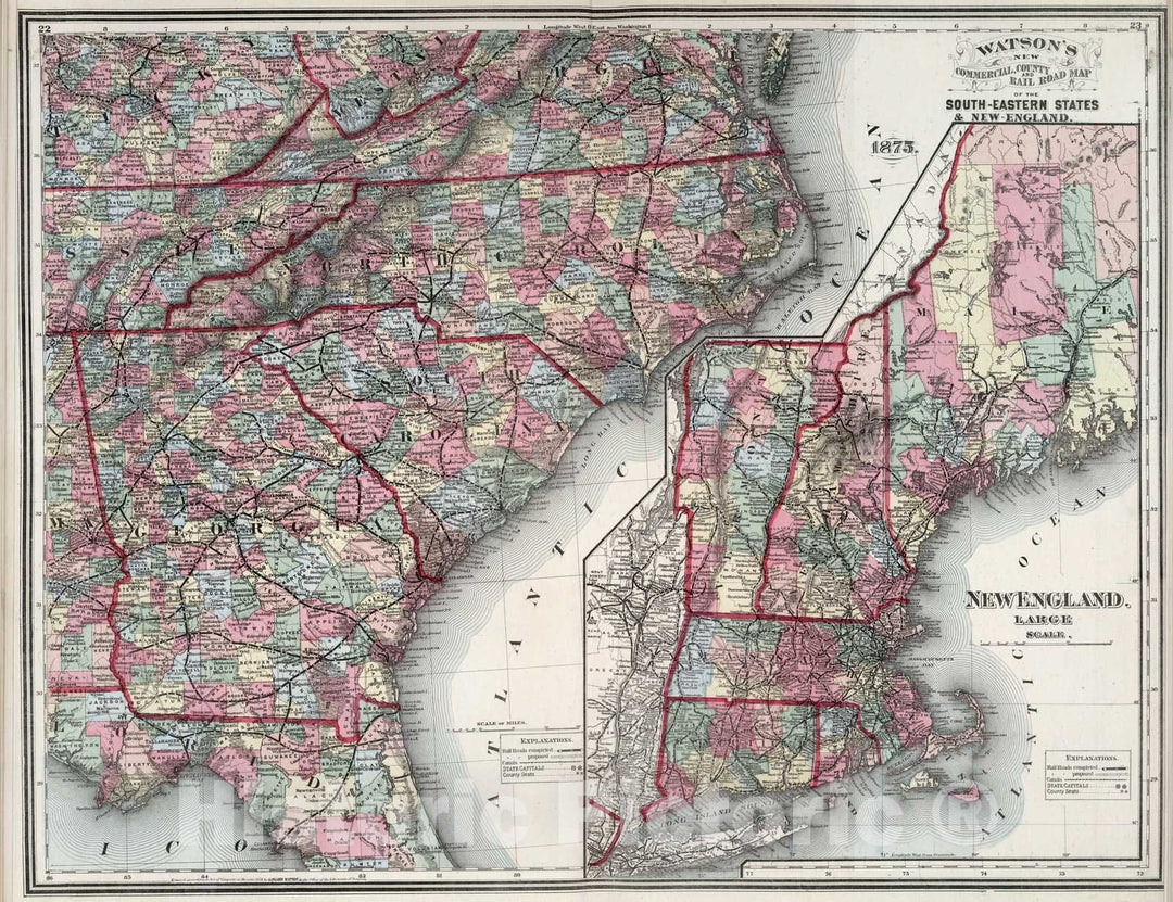 Historic Map : South-Eastern States & New England. New England Large Scale. 1875 - Vintage Wall Art