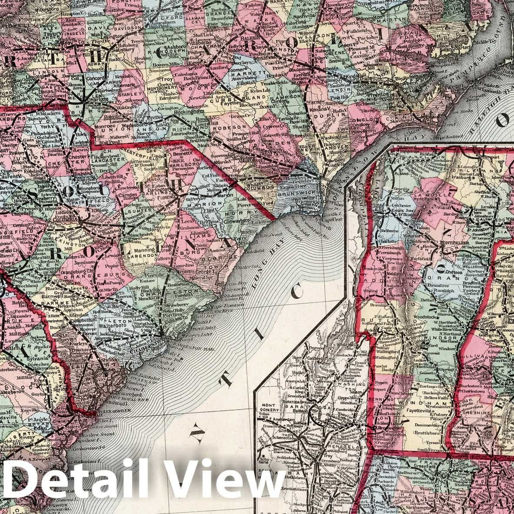 Historic Map : South-Eastern States & New England. New England Large Scale. 1875 - Vintage Wall Art