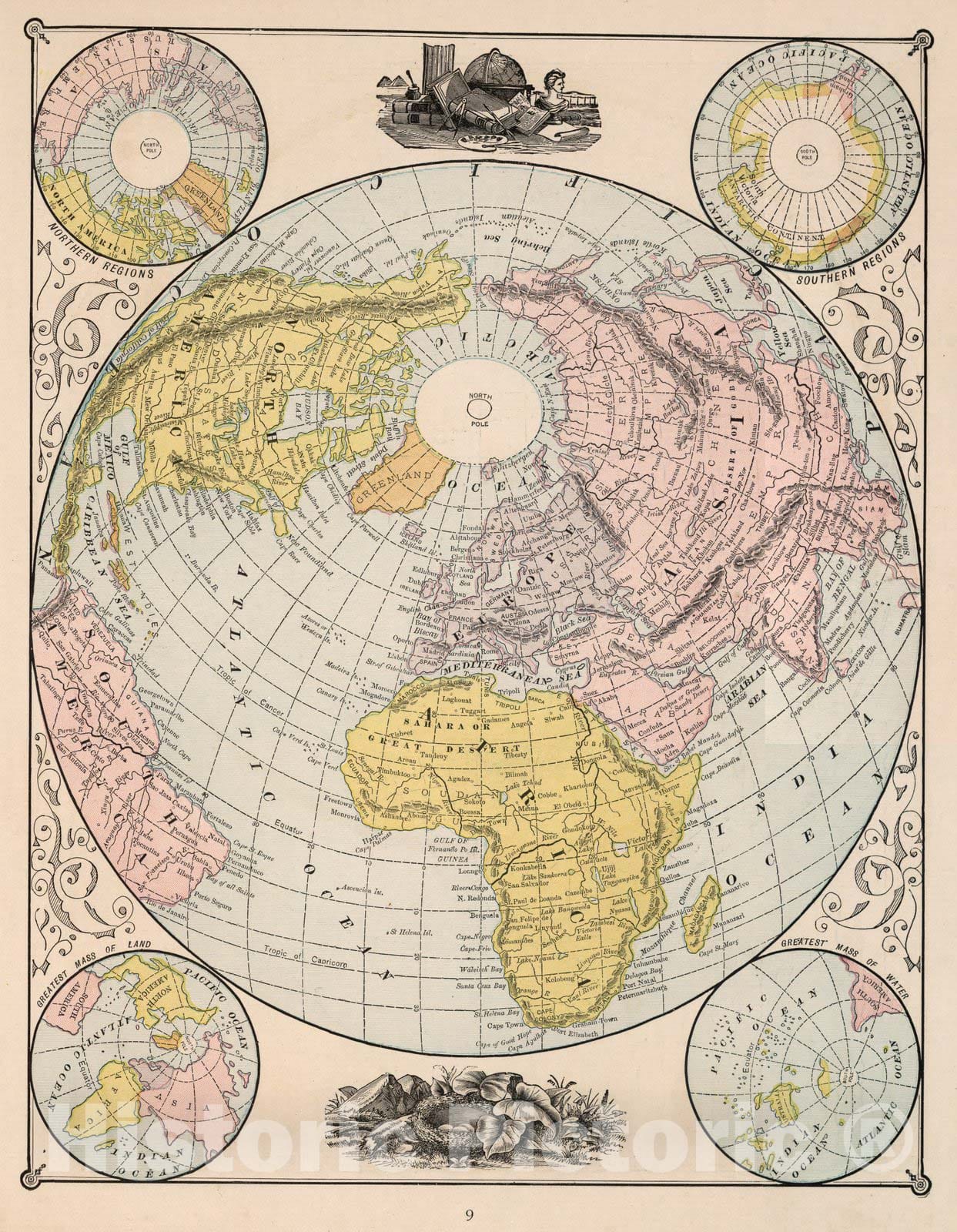 Historic Map : World Atlas Map, Hemisphere Centered on Europe, Showing Greatest Mass of Land. 1882 - Vintage Wall Art