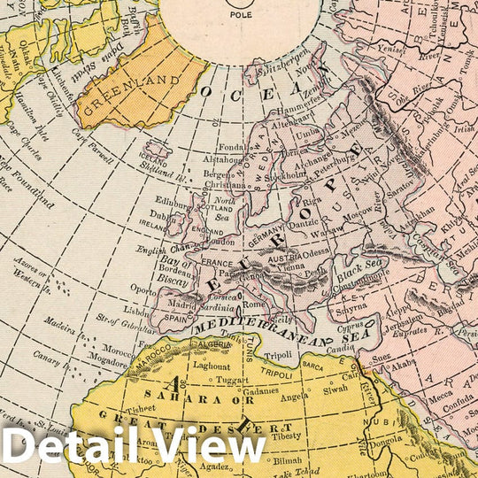 Historic Map : World Atlas Map, Hemisphere Centered on Europe, Showing Greatest Mass of Land. 1882 - Vintage Wall Art