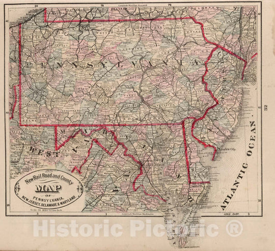 Historic Map : World Atlas Map, Pennsylvania, New Jersey, Delaware & Maryland. 1882 - Vintage Wall Art