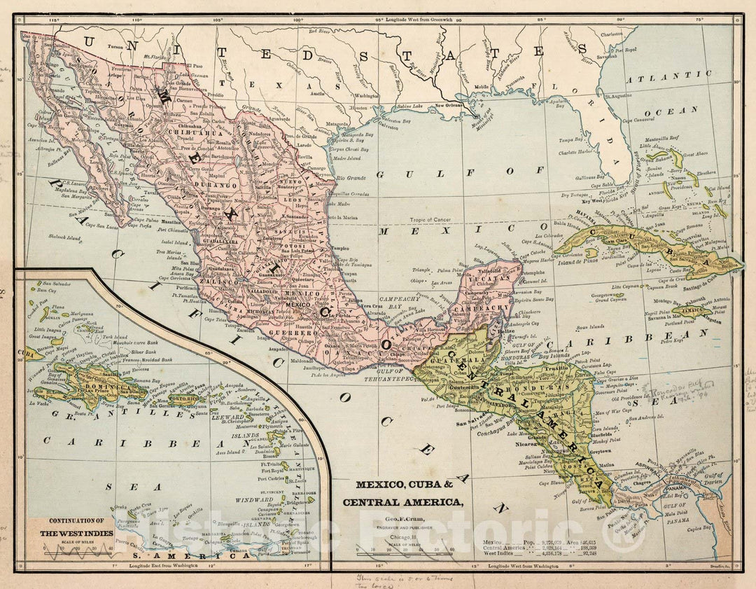 Historic Map : World Atlas Map, Mexico, Cuba, Central America, and West Indies. 1882 - Vintage Wall Art