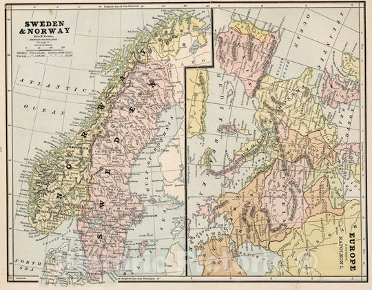 Historic Map : World Atlas Map, Europe in the Time of Napoleon I. Sweden and Norway. 1882 - Vintage Wall Art