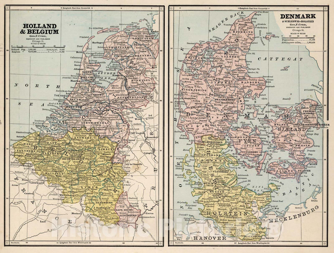 Historic Map : World Atlas Map, Holland and Belgium. Denmark. 1882 - Vintage Wall Art